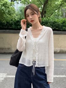 AIYITI | Ruffle Tie V-neck Long Sleeve Blouse Short Style Plus Size