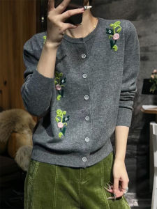 QINGNAER | Embroidered Retro Single-Breasted Knit Cardigan