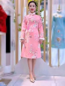Autumn Winter Thickened Fleece Slimming Qipao Dress Mid-Length Cover Belly A-Line Skirt Long Sleeve Casual Style Natural Waist