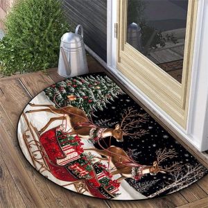 VIKAMA Christmas Oval Door Mat Reindeer Sleigh Gifts Pine Tree 2027 Front Welcome Mat Rug Non Slip Happy New Year Home Decor