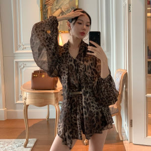 High Waist Short Pants Pearl Shawl Belted Coat Top Brown Leopard Print Chiffon Womens Fashion Set Autumn Season