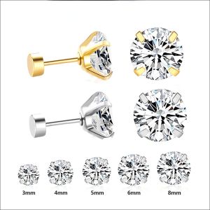 คริสตัลสแตนเลสสตีลสำหรับผู้หญิงผู้ชายเครื่องประดับหูเพชรสังเคราะห์ใสแบบ4ง่าม1คู่/2ชิ้น