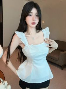 GUZILIAN | เสื้อเชิ้ตผู้หญิงคอเหลี่ยมแขนกุดทรงเข้ารูปสไตล์เกาหลีฤดูร้อนใหม่ ผ้าตาข่ายปะติดปะต่อกัน ดีไซน์ไม้กางเขน เสื้อผ้าทำงาน