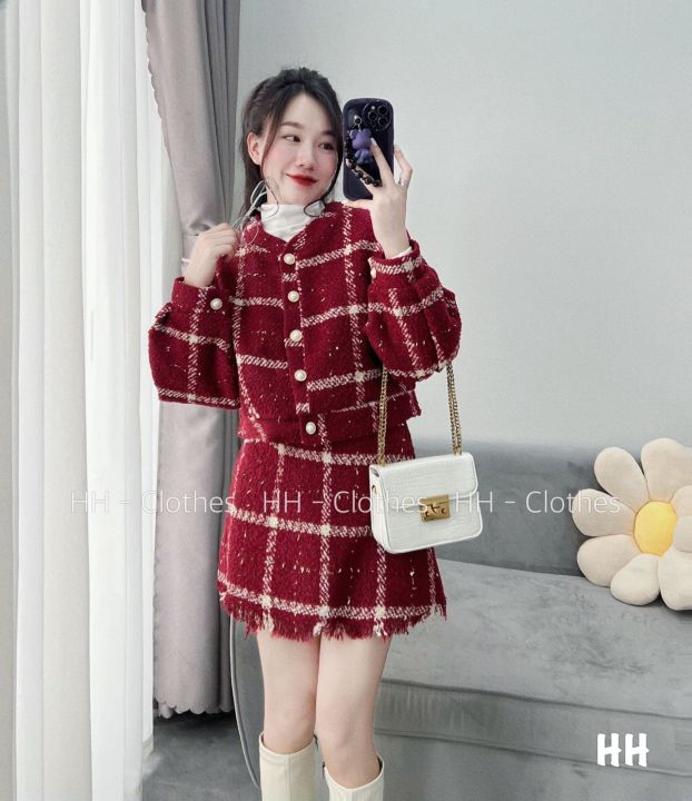 Váy dạ tweed cổ đính dây ngọc cúc ngọc | Shopee Việt Nam
