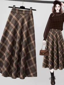 High Waist Plaid A-Line Midi Skirt for Women Spring Autumn Vintage plus Size Full Skirt Korean Style Commute Polyester Fabric