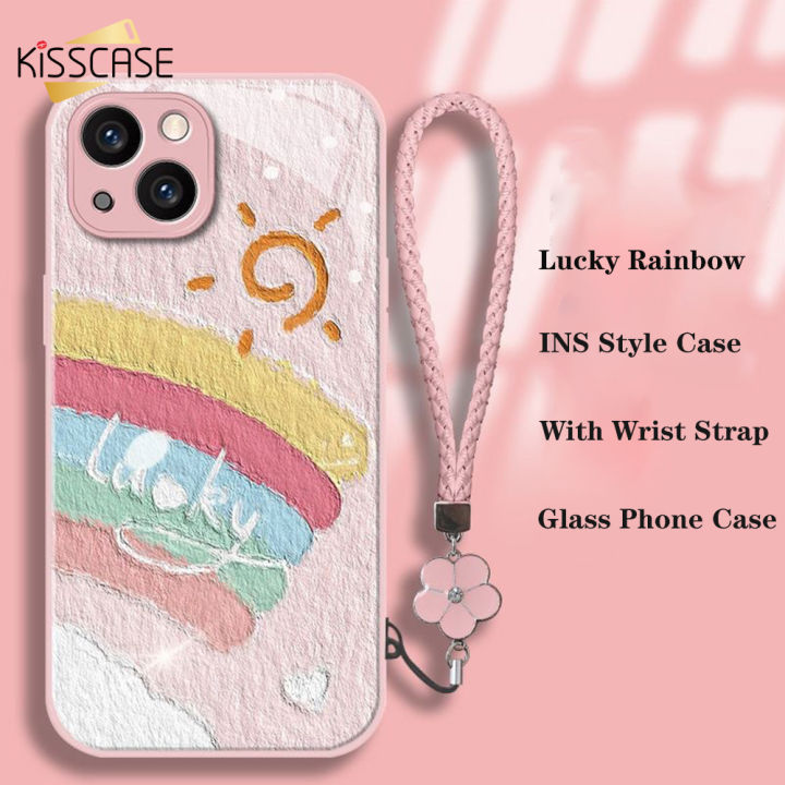 KISSCASE Lucky Rainbow Painted Glass Phone Case For iphone 15 14