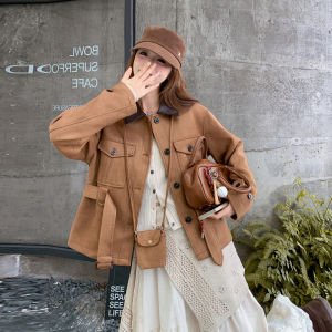 Brown Suede Jacket Womens Vintage Style Workwear Coat Short Outerwear Slimming Small Stature Friendly Autumn New Arrival