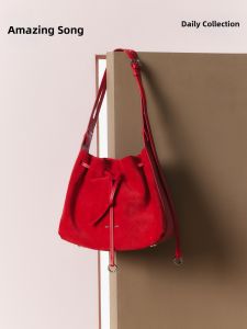 Doughnut-Shaped Drawstring Bucket Bag Genuine Leather