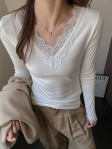 Lace Trim V-Neck Long Sleeve Base Shirt Womens Inner Wear Autumn Winter Thickened Design Sense Shoulder Ladies Tops
