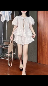 QC_Set đồ nữ du lịch mặc hè set thiết kế tiểu thư chất Linen sọc áo tay phồng buộc dây form babydoll tà xếp ba ly phối quần đùi lai Bèo dễ thương