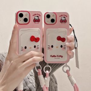 MrHaHa Lanyard Wallet Card Holder Phone Case For iphone 15 promax iphone 15 plus 16 14 13 12 11 Pro Max 7Plus X Xr Xs Max Cartoon Cute Hello Kitty With Lanyard 2024 New ins Style Phone Case Silicone Protective Cover