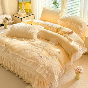 Winter Thickened Milk Velvet Bed Cover Four-Piece Set Double-Sided Fleece Quilt Cover Coral Velvet Warm Lace Princess Ruffle Bedding