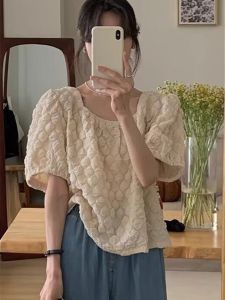 Áo Sơ Mi Nữ Tay Bồng Mỏng Ngắn Kiểu Pháp Mùa Hè Thiết Kế Mới Dáng Nhỏ Dễ Thương Chất Liệu Polyester Cổ Tròn Thường Ngày