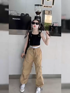 7-14 ขวบ กางเกงเด็ก กางเกงคาร์โก้เด็กผู้หญิง เอวสูง เอวยางยืด หลวม เวอร์ชั่นเกาหลี แฟชั่น ระบายอากาศได้สะดวกสบาย