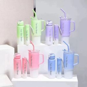 Internet Hot New Gradient Good-looking Water Cup Plastic Cup Portable Handheld Cup Cup with Straw Creative Three-Piece Set Large Ice Cup