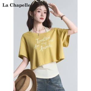 La Chapelle | Letter Print Crop Shoulder T-Shirt Stripe Tube Top Two-Piece Set