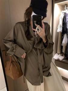 Elegant Satin Shirt Design with Sash Trendy Glossy Honey Tea Brown Color Commute Style Loose Fit Long Sleeve Pure Color Shirt