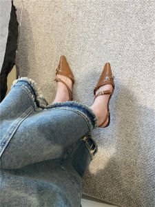 รองเท้าแตะส้นแบนสีดำ ทรงหัวแหลม รองเท้าแตะแบบสวมหัว รองเท้า Mary Janes สำหรับผู้หญิง รองเท้าแฟชั่นฤดูใบไม้ผลิ