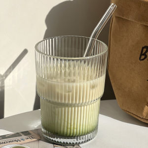 INS Striped Glass Coffee Cup With Lid Water Cups Luxurious Household Milk Slub Straw Mug