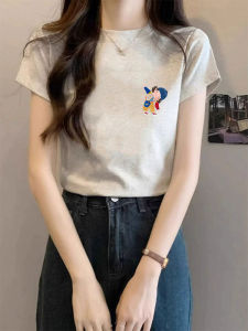 Grey Chic Pure Cotton Short Sleeve T-Shirt Womens Fashionable Korean Style Top Premium Feeling Summer New Arrival
