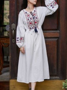 Vacation Cotton Linen Embroidered Tassel Waist Cinching Dress Ethnic Artistic Womens Skirt A-Line Midi Dress round Neck Long Sleeve
