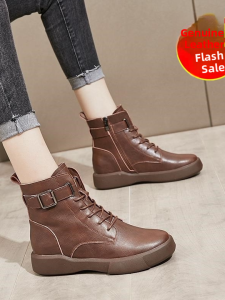 Trendy Genuine Leather Retro Martin Boots Womens Spring Autumn New Style British Style Flat Casual Short Boots Thick Sole