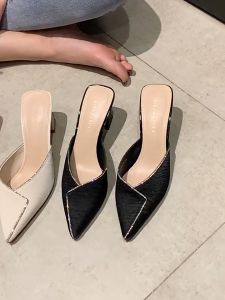 2024 Korean genuine leather sandals for women thick heels pointed high heels for women