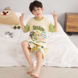 MiiOW | Pure Cotton Short Sleeve Sleepwear Set For Boys Cartoon Home Clothes Comfortable Breathable Sweat Absorbent Round Neck Suit