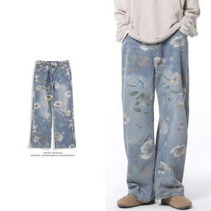 Printed Wide Leg Straight Cut Jeans Men Summer American Hip Hop High Street Cleanfit Trendy Brand Jeans Cotton Micro Stretch