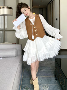 Korean Style Two-Piece Set Brown Vest Tea Break Dress Womens Spring Fashion 2025 New Arrival High Waist Long Sleeve Midi Skirt Dress