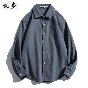 Autumn Winter Loose Fit Long Sleeve Pure Color Hong Kong Style Mens Shirt Rampo Trendy Casual Fashion Polyester Fiber