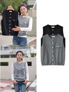 Lightweight Compact 100% Cotton round Neck Knitted Cardigan Short Vest Outerwear for Women Commute Style Korean Version Medium Softness