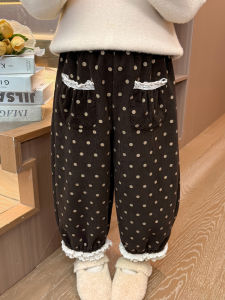 กางเกงวอร์มผ้าขนแกะหนาลายจุดสำหรับเด็กผู้หญิง กางเกงขายาวทรงหลวมสบาย ๆ สำหรับฤดูใบไม้ร่วงและฤดูหนาว ชุดเด็กผู้หญิง