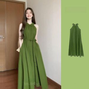Green Vintage Sleeveless Neckline Dress Womens Summer New Loose A-Line Long Dress Vacation Style Casual Comfortable Gown