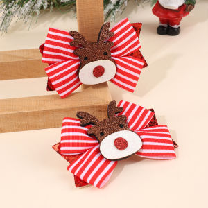 2Pcs Christmas Reindeer Bow Hair Clips Sweet Cute Stripe Bownot Hairpins For Girls Children Xmas Headwear Hair Accessories Gift