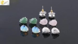 CSJA Water Drop Shape Stud Earrings Silver Color Natural Stone Faceted Pink Quartz Crystal Tiger Eye Healing Jewelry Female G035