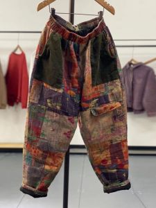 Cỡ Lớn Cạp Chun In Khối Màu Cotton Vải Bông Quần Rộng Rãi Áo Khoác Ngoài Dày Dặn Mùa Đông Ấm Áp Nữ Harlan Quần Tây