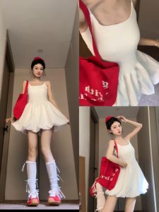 Váy Bó Eo Phong Cách Ballet Trắng Kiểu Pháp Cho Nữ Mùa Đông 2025 Mới Váy Chữ a Không Tay Cổ Tròn Váy Midi Thường Ngày