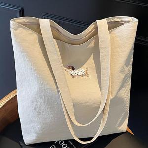 Korean Style Simple Canvas Shoulder Bag Embroidered Cute Dog Tote Bag Versatile Student Uniform Book Tutoring Bag 2024 New
