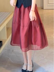 High Waist Mesh Half Skirt Womens Summer Korean Style A-Line Bodycon Mini Skirt Pure Color Natural Waist Midi Skirt