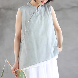 เสื้อเชิ้ตผู้หญิงคอตั้งแขนกุดผ้าไหมฝ้ายสไตล์จีนโบราณฤดูร้อนใหม่ เสื้อเชิ้ตชุดกี่เพ้าสไตล์จีน ทรงหลวม สไตล์วินเทจ