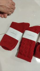 2460 Kaos kaki wanita panjang tinggi bawah betis warna merah tua bahan Wol model polos ruffle tambang korean style premium Women socks red colour