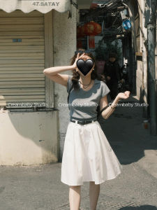Grey Short Sleeve Slim Fit T-Shirt And High Waist A-Line Skirt Two-Piece Set for Women Creambaby Studio Commute Korean Style