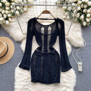 ฤดูร้อน เซ็กซี่ Hollow Out Thin Long Sleeve Knitted Short เดรส เรียบหรู พรางหุ่น Pure Desire Spicy Backless เดรส Round Neck High เอว กระโปรงทรงเอ