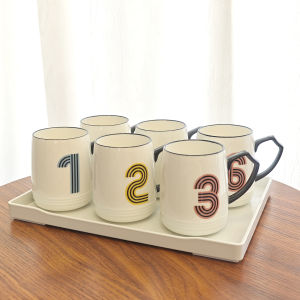 Nordic Style Ceramic Stainless Steel Water Cup Set for Office Home Use Hot Water Coffee Cup with Wood Rack 7 Pieces Set