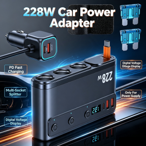 228W 9 IN 1 Car Power Splitter PD QC3.0 Fast Car Charger Digital Voltmeter Independent Switches 3 Car Power Socket 12V/24V Only