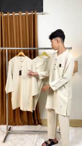 LAYYAN SET Setelan Kurta Koko Muslim Katun Linen Fumiko Lengan Panjang Ukuran M L XL - Ivory