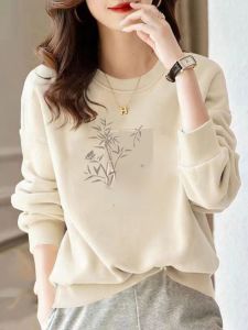 Thickened Pure Cotton Fleece Hoodie Womens Loose Printed Base Shirt Warm Autumn Winter Korean Style round Neck Long Sleeve