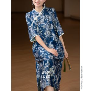 Qinghua Porcelain Colored Cotton Blend Chinese Style Dress