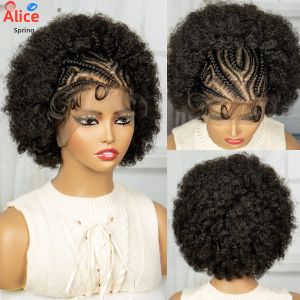 Mái Tóc Giả Tết Cornrow Tổng Hợp Kiểu Afro Xoăn Rối Với Tóc Con Lưới Trong Suốt 13x6 Phía Trước Dành Cho Phụ Nữ Da Đen Kiểu Ngắn Tự Nhiên